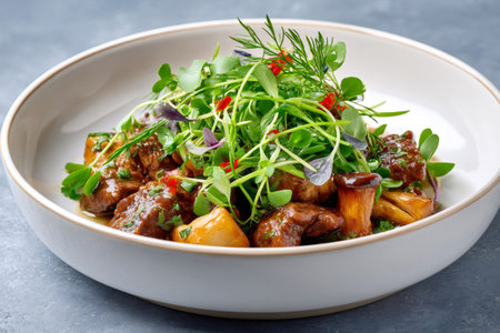 Beef stew with king oyster mushrooms and microgreens is served in a modern bowl, creating a visually appealing culinary experienceの素材