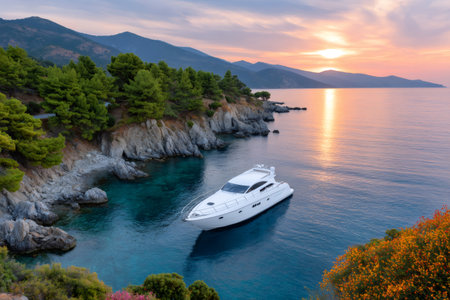 White motor yacht is floating on turquoise water during sunset near rocky coast with green treesの素材