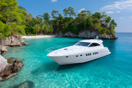 White motor yacht is floating on turquoise water near exotic island in Raja Ampat, Indonesiaの素材