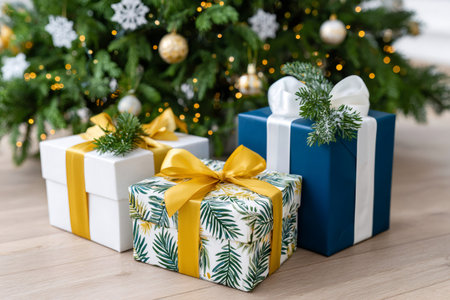 Christmas gifts wrapped in beautiful paper lying under a decorated Christmas tree with fairy lights creating a cozy atmosphereの素材