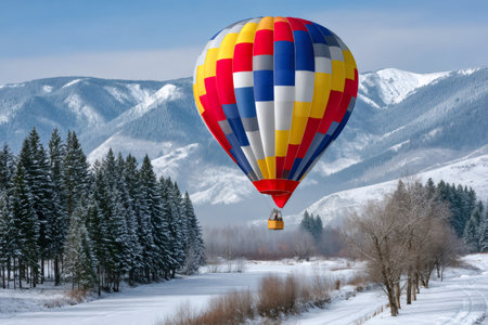 Hot air balloon flying over a snowy valley with pine trees and mountains in winterの素材