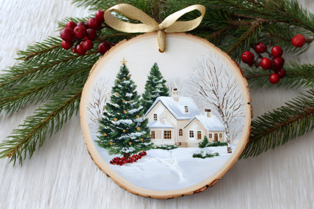 Beautiful Christmas wooden ornament with snowy house and decorated Christmas treeの素材