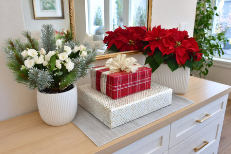 Christmas presents and poinsettia flowers are adding a festive touch to a modern home interiorの素材