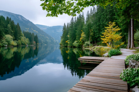 Tranquil mountain lake reflecting surrounding forest and sky with wooden pier extending into calm watersの素材