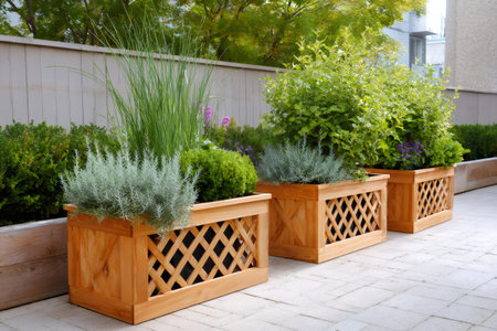 Decorative wooden planters add a touch of elegance to a paved patio, showcasing a variety of thriving plants and creating a vibrant outdoor spaceの素材