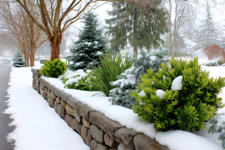 Evergreen trees and shrubs growing along a stone wall are covered with fresh snow during winterの素材