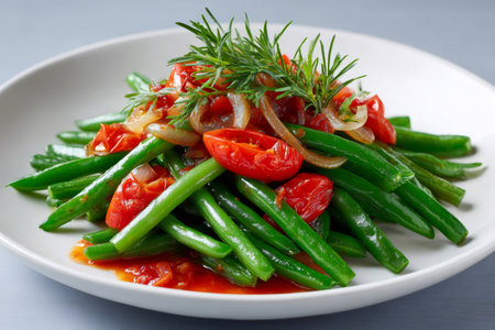 Sauteed green beans with cherry tomatoes and onion, seasoned with dill and tomato sauce, served in a white plateの素材