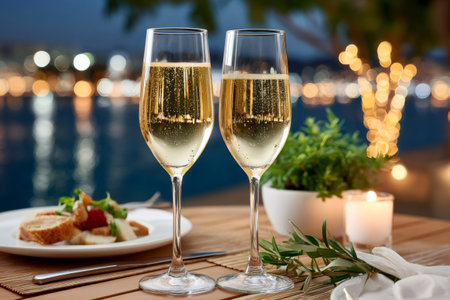 Glasses of champagne and gourmet appetizers served on a table by the sea at night, creating a romantic atmosphereの素材