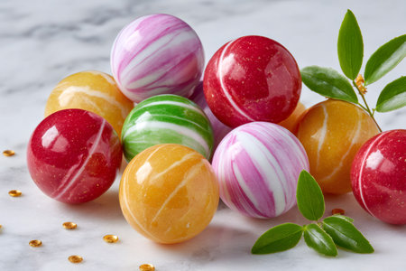 Brightly colored round candies sit on a marble surface, adorned with green leaves and gold flakesの素材