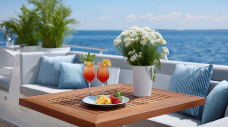Two cocktails are served on a wooden table of a luxury yacht sailing the sea, with fresh fruit and flowersの素材