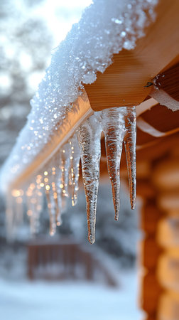 Row of sharp icicles are hanging from snow-covered wooden roof of a house during cold winter dayの素材