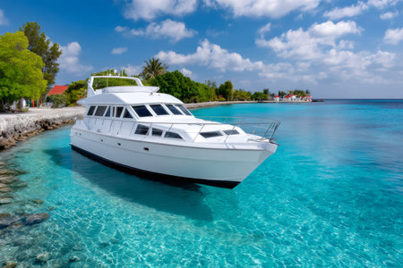 White motor yacht is moored near a tropical island in the Maldivesの素材