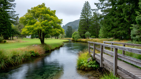 Small wooden bridge crossing a stream in a peaceful park with green grass and treesの素材