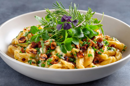 Schupfnudeln with hazelnuts, bacon, herbs, cream sauce and chives served in a white bowlの素材