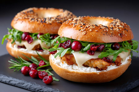 Two delicious everything bagel sandwiches with turkey, cream cheese, arugula, cheddar, and dried cranberries are waiting to be eatenの素材