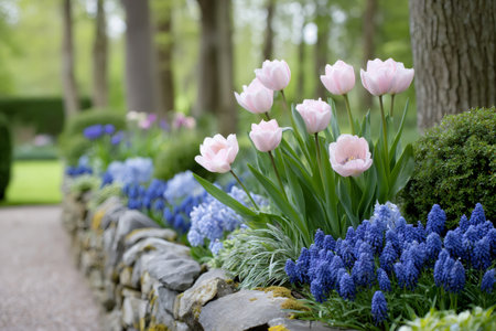 Pink tulips and blue grape hyacinths growing in a flowerbed along a garden pathの素材