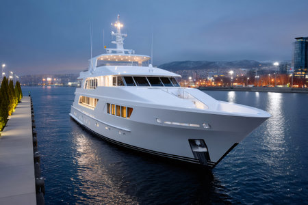 White luxury yacht moored near a pier, illuminated by its own lights and the city lights at dusk, creating a luxurious and relaxing atmosphereの素材