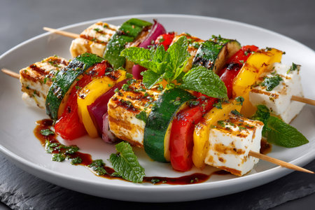 Delicious vegetarian grilled skewers with halloumi cheese, zucchini, peppers, red onion and mint dressing, served on a white plateの素材