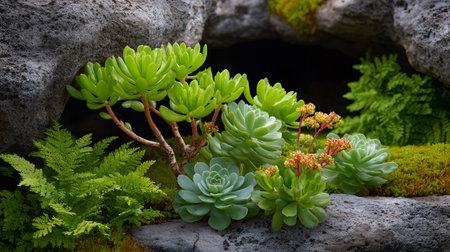 Beautiful succulent plants growing between rocks and moss, creating a natural and peaceful atmosphereの素材