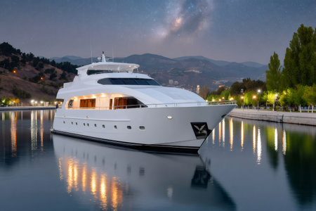 White motor yacht reflecting in calm water with city lights and mountains under starry skyの素材