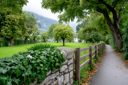 Scenic pathway stretching through a serene green landscape, bordered by a charming wooden fence and a stone wall covered in lush ivy, with the majestic Alps in the backgroundの素材
