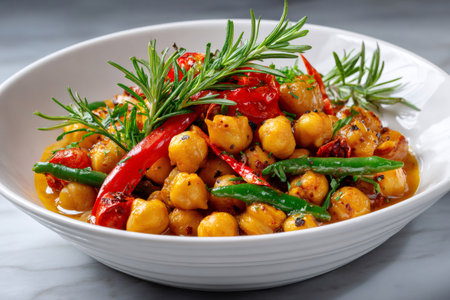 Delicious vegetarian dish with chickpeas, vegetables and aromatic herbs, seasoned with spices and olive oilの素材
