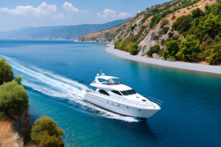 White motor yacht sailing in the blue waters of the Mediterranean sea near a rocky coast and mountains, luxury vacation and travel conceptの素材