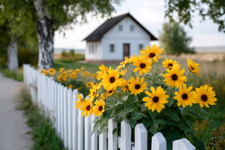 Yellow flowers are growing over a white picket fence with a blurred house and trees in the backgroundの素材