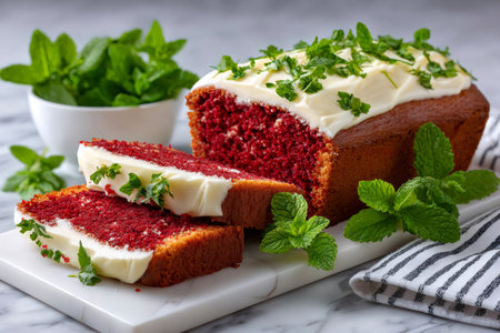 Slices of moist red velvet cake loaf are presented on a marble cutting board, decorated with fresh mint sprigs and cream cheese frostingの素材