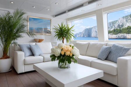 Elegant white sofas and flower arrangement create a luxurious atmosphere in a yacht saloon, with breathtaking ocean and cliffs view through large windowsの素材