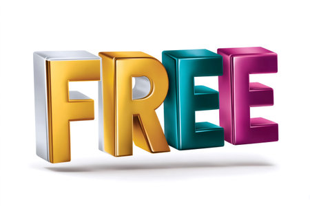 3d rendering of the word free with colorful metallic letters floating on a white backgroundの素材
