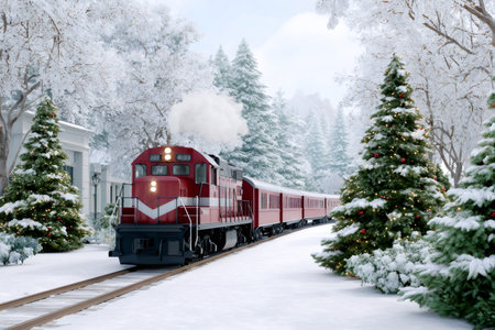 Red christmas train traveling through snowy landscape carrying gifts during the cold winter holidaysの素材
