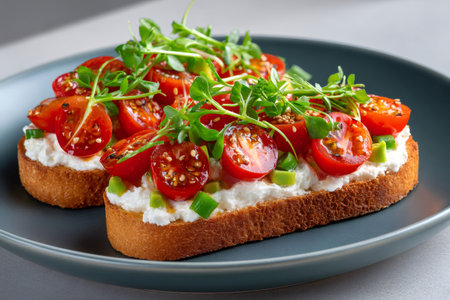 Delicious Italian appetizer, bruschetta with ricotta cheese, avocado, roasted cherry tomatoes and sesame seeds garnished with fresh microgreensの素材
