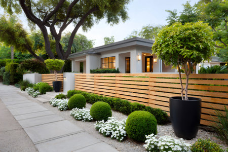 Wooden fence protecting a beautiful modern house with landscaped gardenの素材