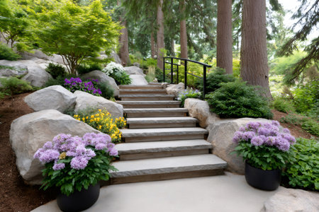 Stone stairs ascending through a serene garden setting, surrounded by vibrant flowers, lush greenery, and large rocksの素材