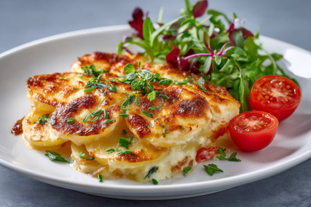 Delicious potato gratin with melted cheese, herbs, and a fresh salad, served on a white plateの素材