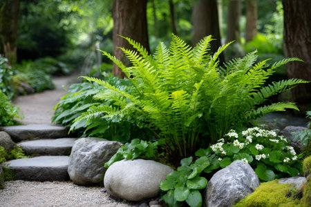 Vibrant green fern adds a touch of nature to a tranquil garden path, creating a serene atmosphereの素材