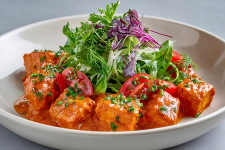 Delicious salmon cubes with red sauce, tomatoes and mixed salad with dill, parsley and red amaranth served in a white bowlの素材
