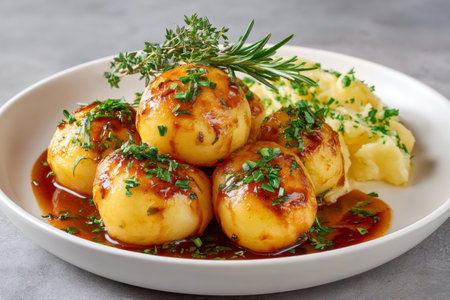 Delicious portion of roasted baby potatoes with mashed potatoes, gravy and herbs such as thyme and rosemaryの素材