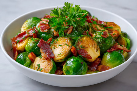 Delicious and healthy side dish of roasted brussels sprouts with crispy bacon, garnished with fresh parsley and chivesの素材