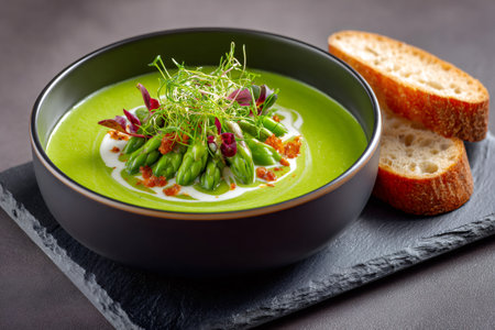 Fresh green asparagus cream soup served with toasted bread, microgreens, cream and croutonsの素材