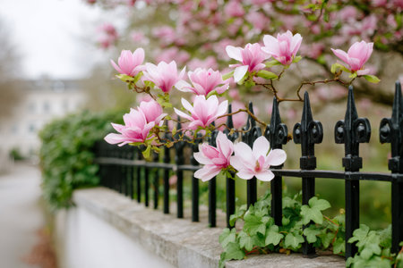 Pink magnolia flowers blooming on branches extending over a black wrought iron fence in springの素材