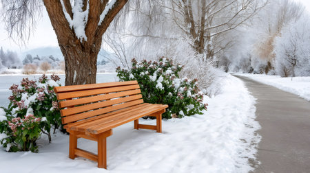 Wooden bench inviting to sit and enjoy snowy winter landscape with frozen lake and pathの素材
