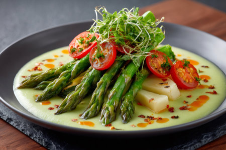 Delicious gourmet dish with grilled asparagus, potatoes and cherry tomatoes with microgreens lying on pea puree and seasoned with chili flakes and oilの素材
