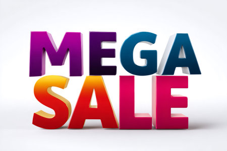 3d rendering of colorful letters forming mega sale writing on white backgroundの素材
