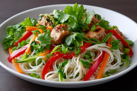 Rice noodles with grilled chicken, carrots, red bell peppers, coriander and spring onions composing a healthy Asian mealの素材