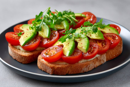 Two slices of healthy toast with creamy avocado, sliced cherry tomatoes and fresh arugula served on a dark plate for a vegetarian breakfastの素材
