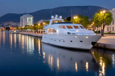 White yacht reflecting in calm water at twilight in Split, Croatiaの素材