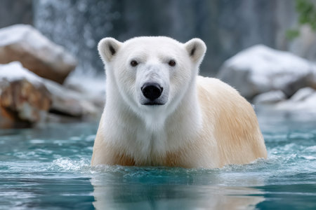 Majestic polar bear wading in cold blue water, with snowy rocks and blurred background, creating a captivating arctic sceneの素材