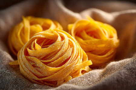 Uncooked tagliatelle pasta nests resting on burlap cloth with visible specks of flour, suggesting freshness and preparation for cookingの素材